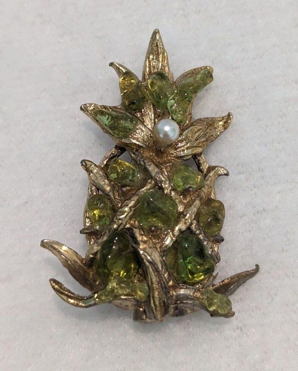 Pineapple Brooch Green Stone Faux Pearl Accent